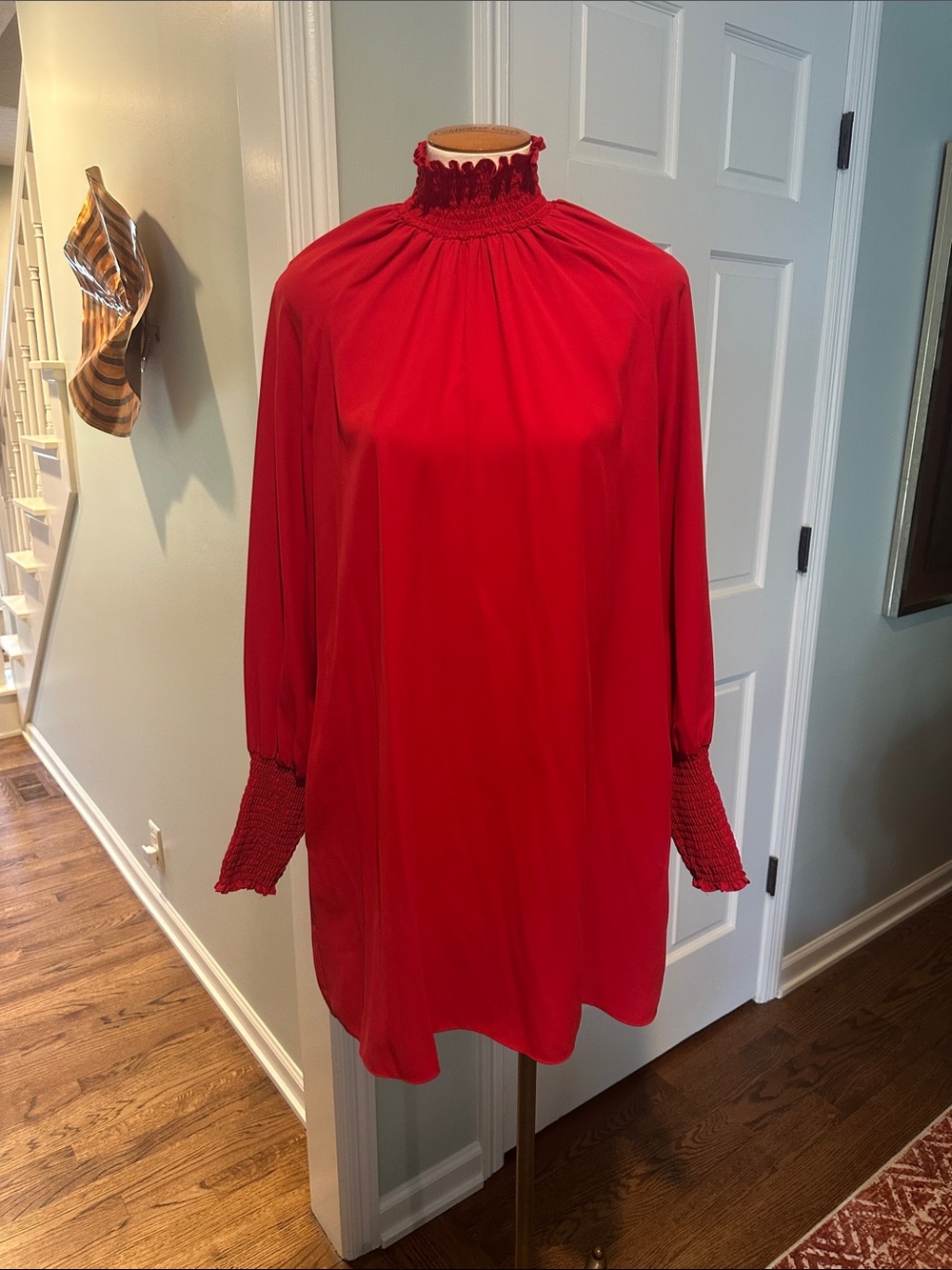 EUC Amanda Uprichard RED Smocked Neck + Cuff Tunic Dress Long Sleeve